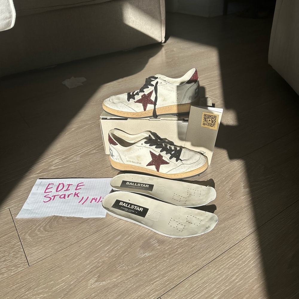 Golden Goose Cream and Burgundy Star Sneakers